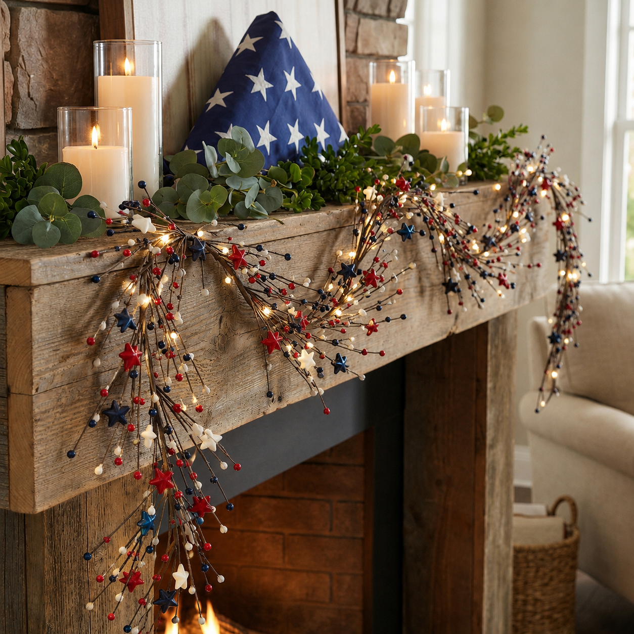4th of July Patriotic Garland with LED Fairy Lights – Red, White & Blue Star & Berry Decor