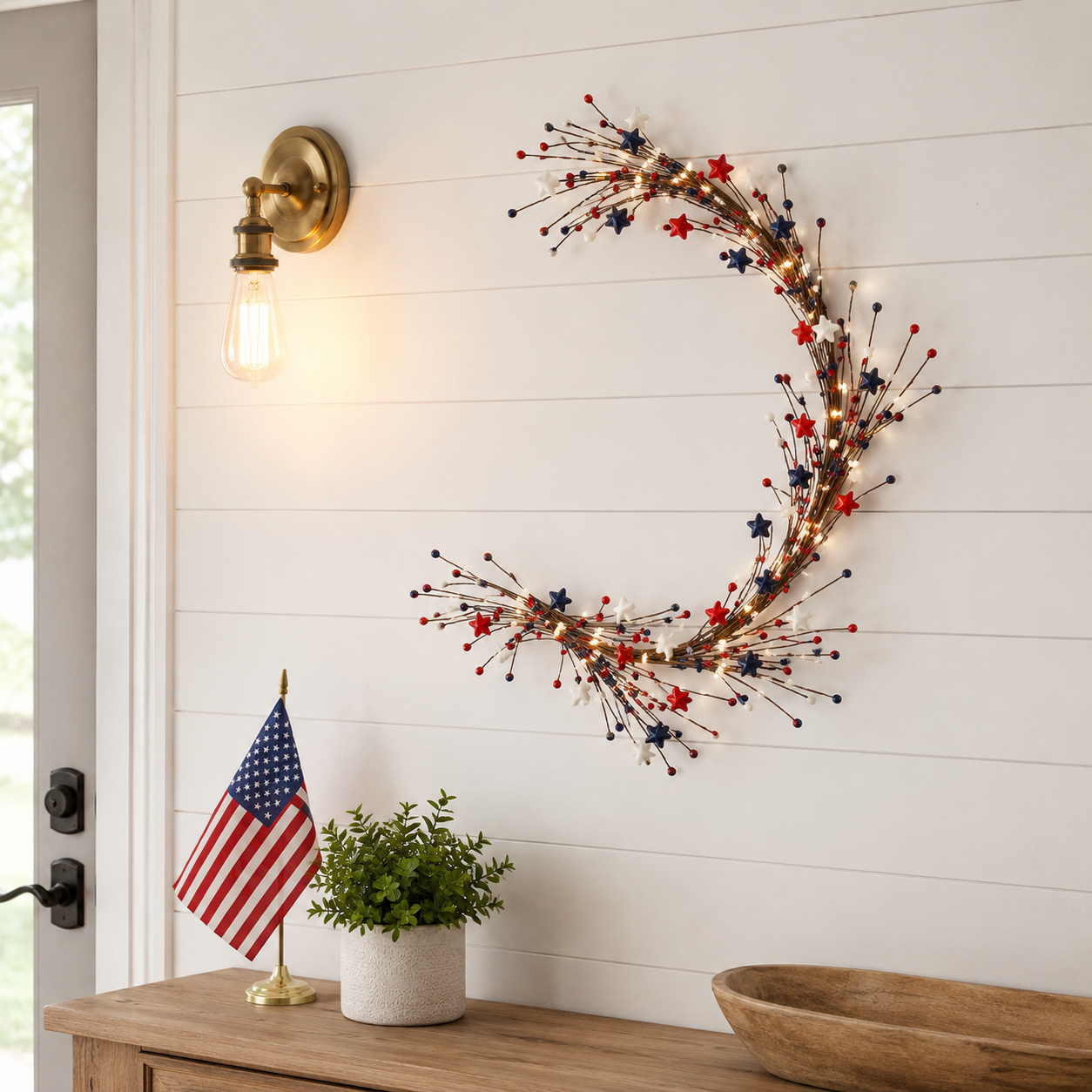 4th of July Patriotic Garland with LED Fairy Lights – Red, White & Blue Star & Berry Decor