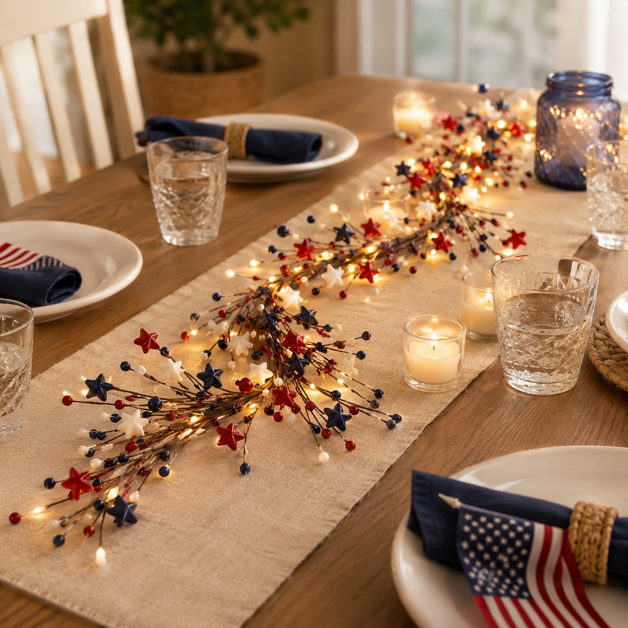 4th of July Patriotic Garland with LED Fairy Lights – Red, White & Blue Star & Berry Decor