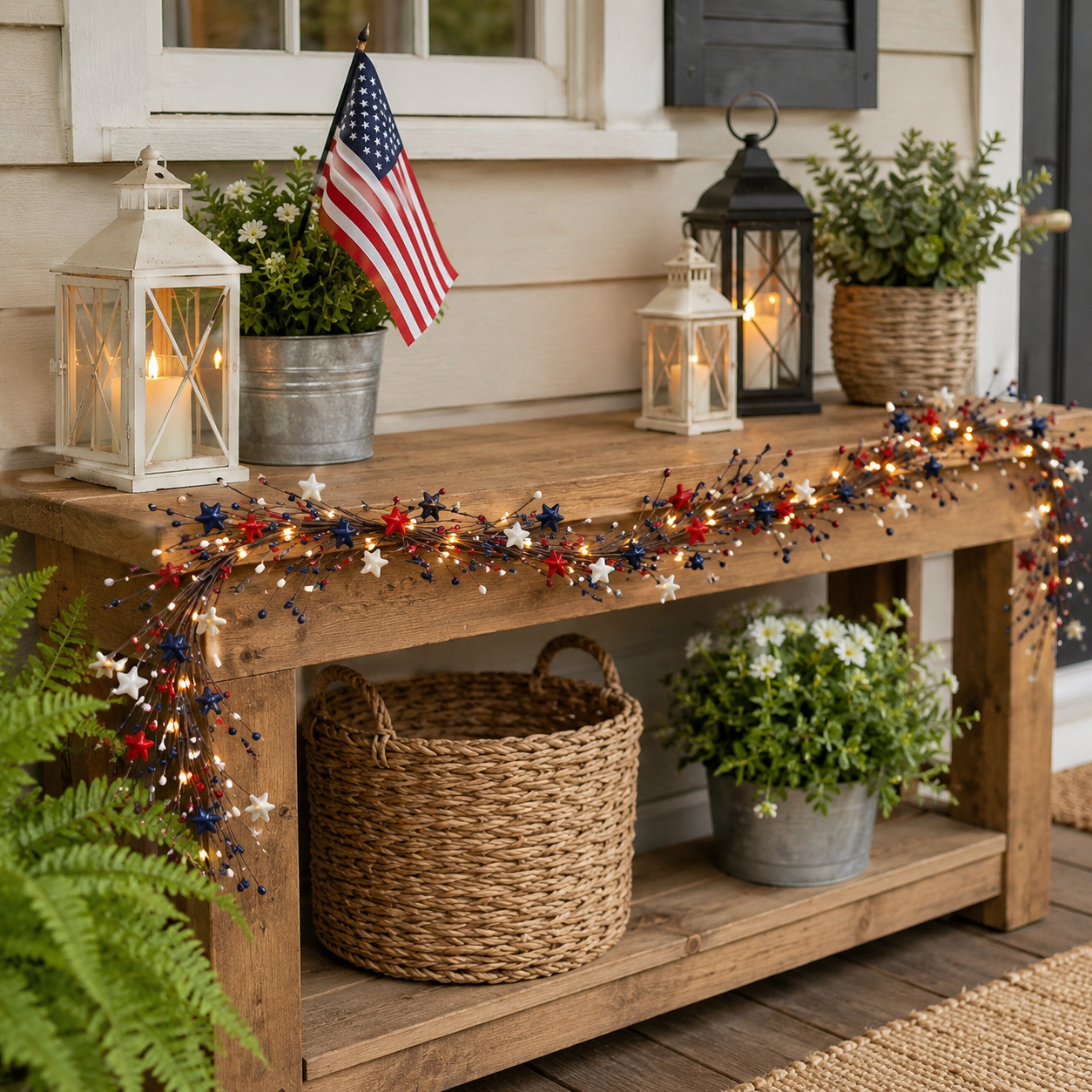 4th of July Patriotic Garland with LED Fairy Lights – Red, White & Blue Star & Berry Decor
