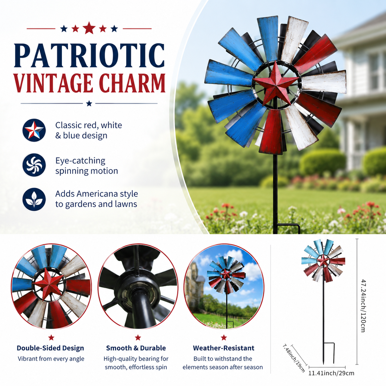 Red, White, and Blue Vintage Star Double-Sided Windmill – Outdoor Wind-Powered Spinner with Ground Stake