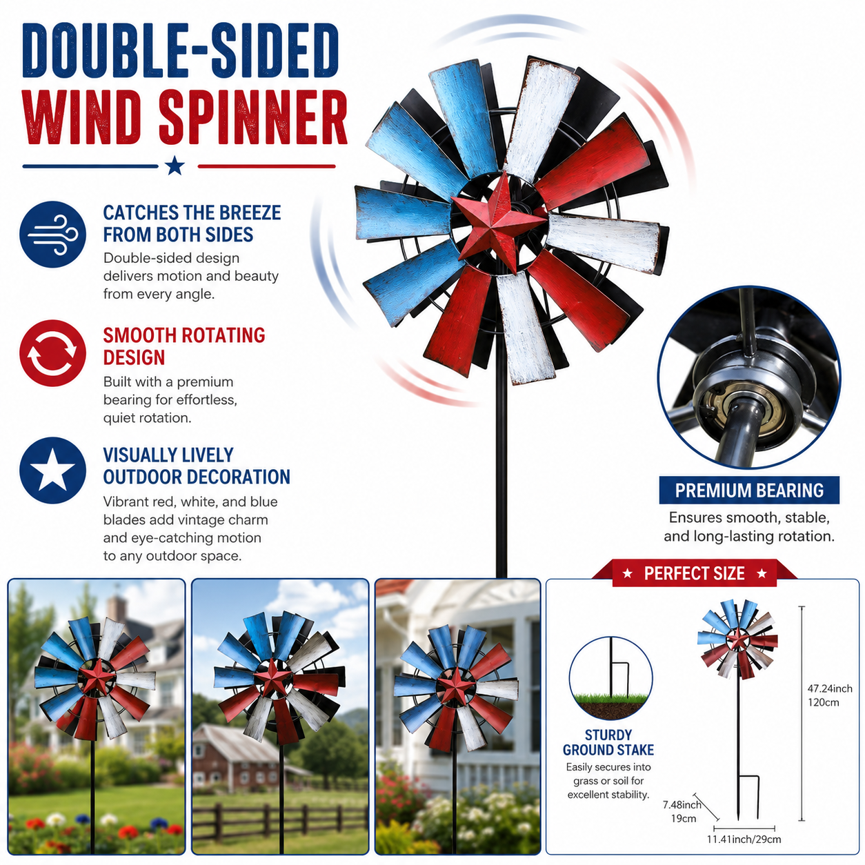 Red, White, and Blue Vintage Star Double-Sided Windmill – Outdoor Wind-Powered Spinner with Ground Stake