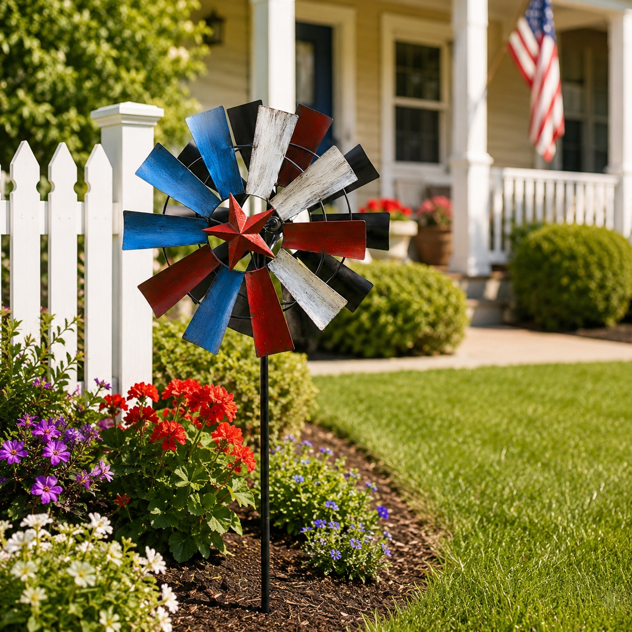 Red, White, and Blue Vintage Star Double-Sided Windmill – Outdoor Wind-Powered Spinner with Ground Stake