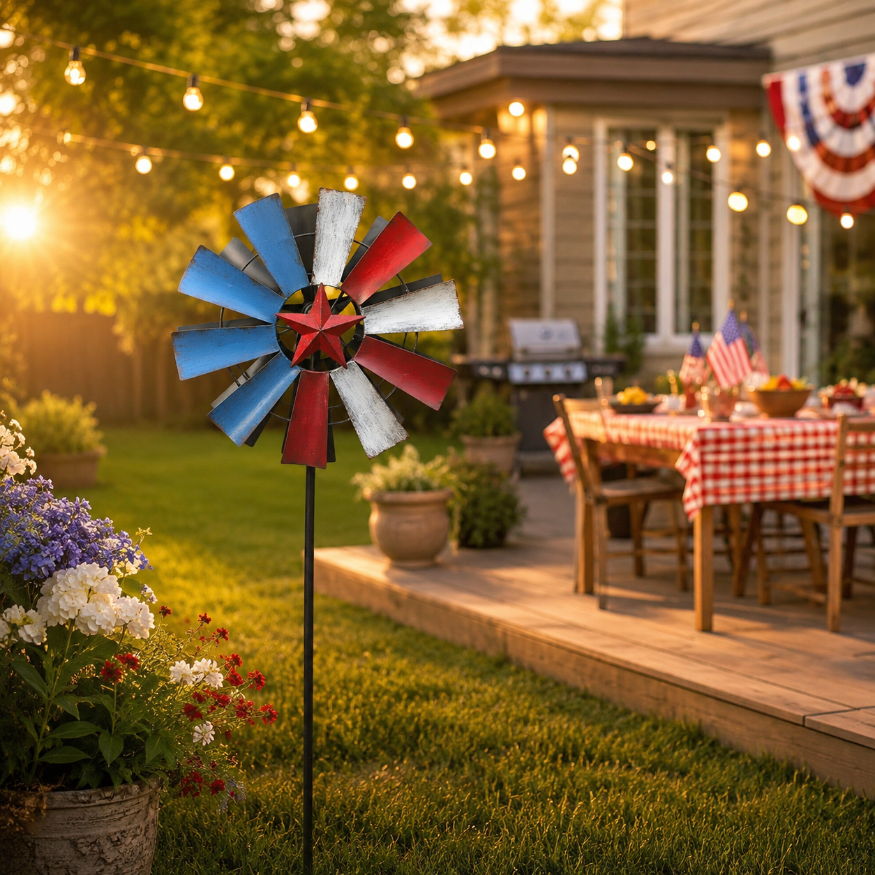 Red, White, and Blue Vintage Star Double-Sided Windmill – Outdoor Wind-Powered Spinner with Ground Stake