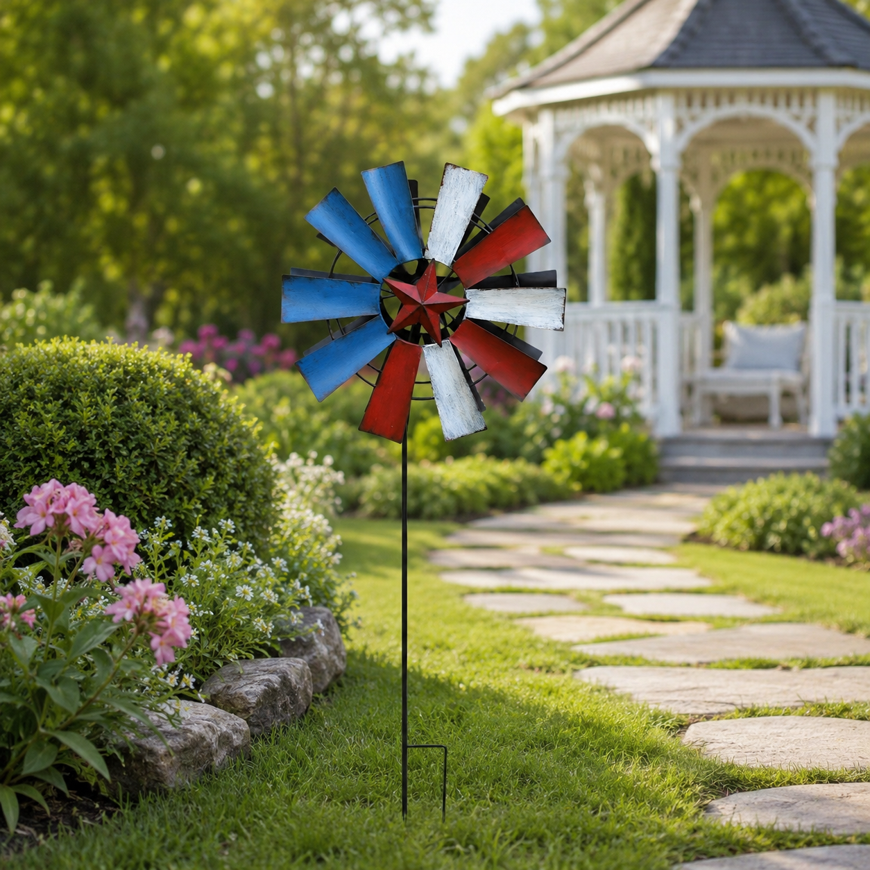 Red, White, and Blue Vintage Star Double-Sided Windmill – Outdoor Wind-Powered Spinner with Ground Stake