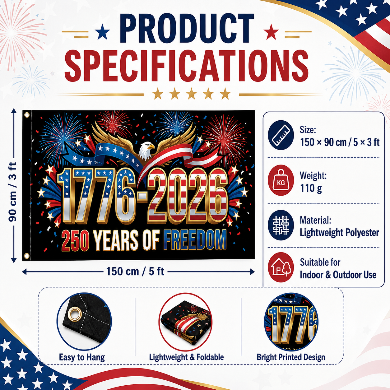 250 Anniversary Flag 1776-2026 USA Outdoor Anniversary Banner Decorations