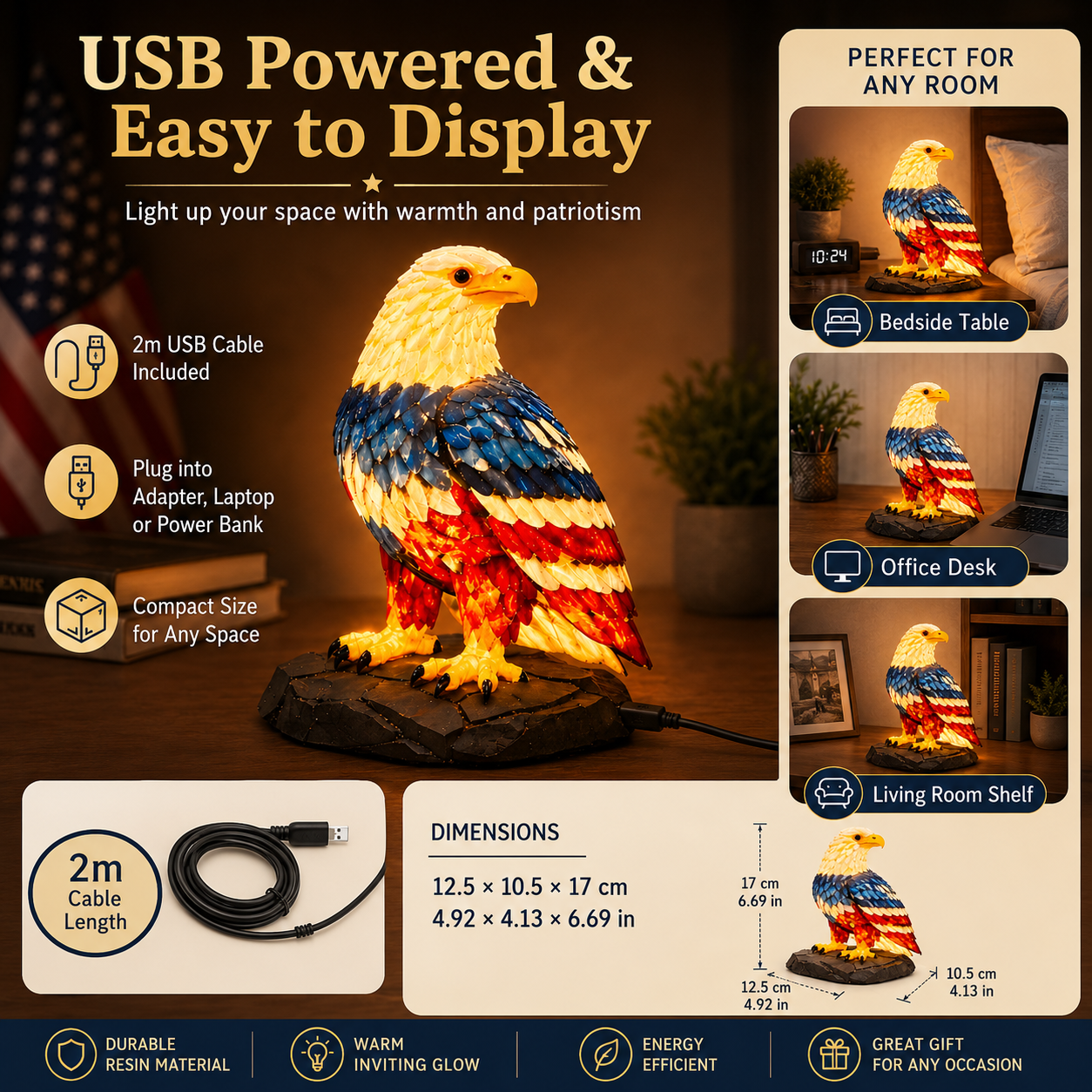 Patriotic Eagle LED Night Light – Hand-Painted USB Table Lamp for Bedroom, Office & Home Décor