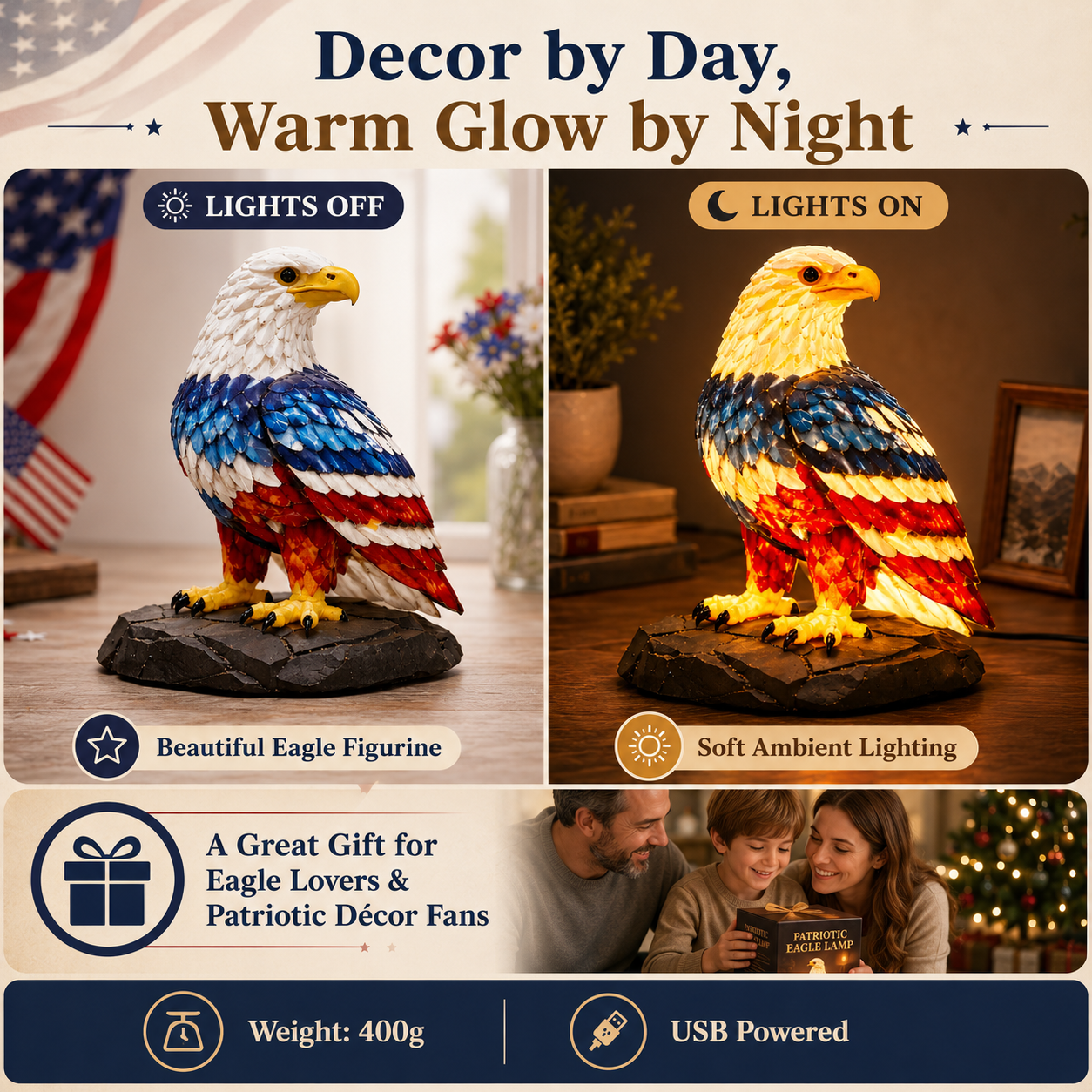 Patriotic Eagle LED Night Light – Hand-Painted USB Table Lamp for Bedroom, Office & Home Décor
