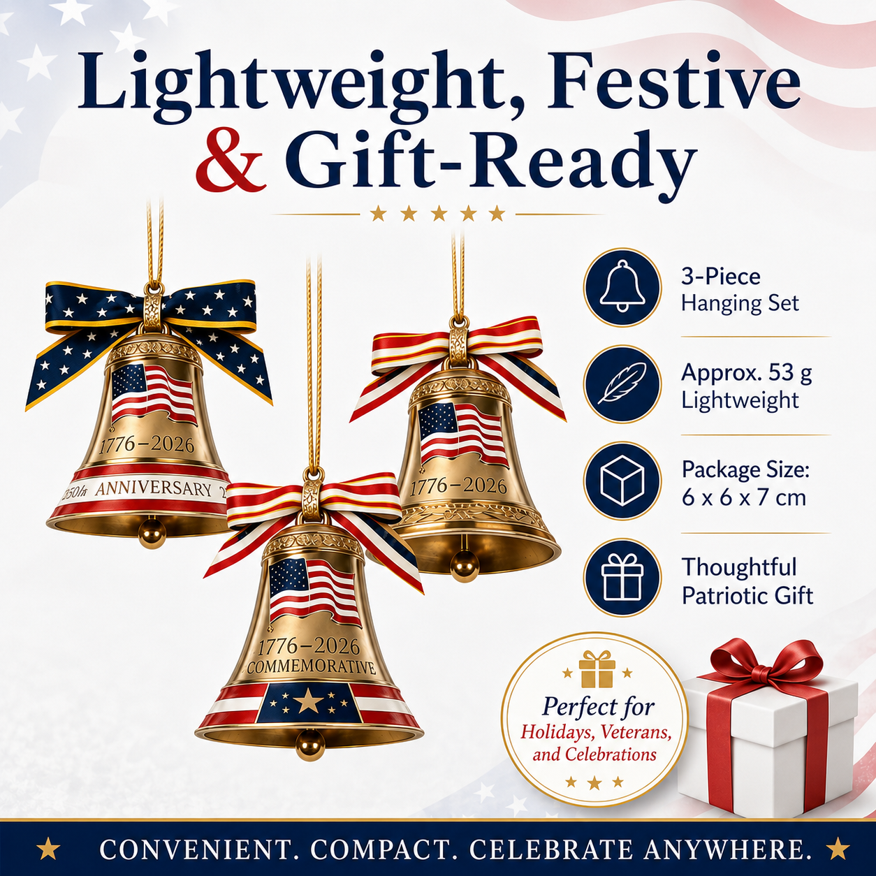 250th Anniversary American Wind Chimes Set – 3pcs Golden Hanging Bells with Patriotic Red, White & Blue Ribbon Bow – 2026 Outdoor & Holiday Decoration