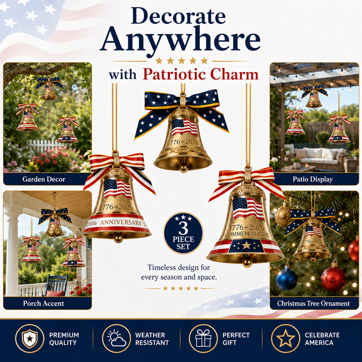 250th Anniversary American Wind Chimes Set – 3pcs Golden Hanging Bells with Patriotic Red, White & Blue Ribbon Bow – 2026 Outdoor & Holiday Decoration