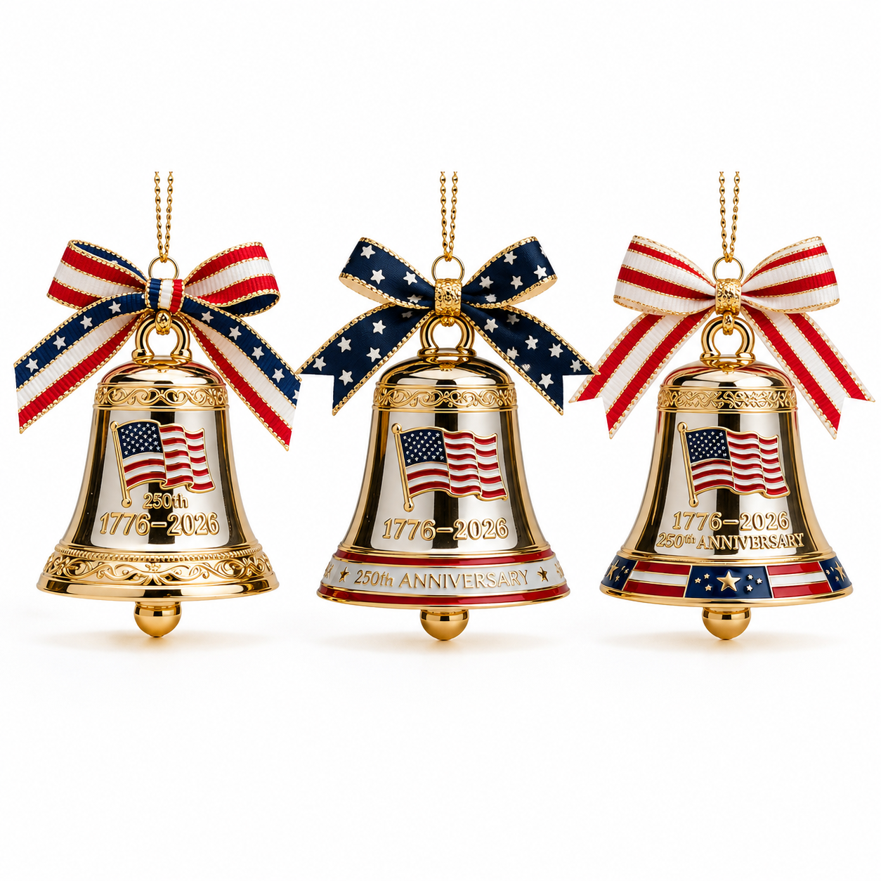 250th Anniversary American Wind Chimes Set – 3pcs Golden Hanging Bells with Patriotic Red, White & Blue Ribbon Bow – 2026 Outdoor & Holiday Decoration