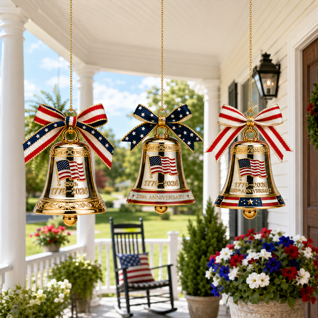 250th Anniversary American Wind Chimes Set – 3pcs Golden Hanging Bells with Patriotic Red, White & Blue Ribbon Bow – 2026 Outdoor & Holiday Decoration