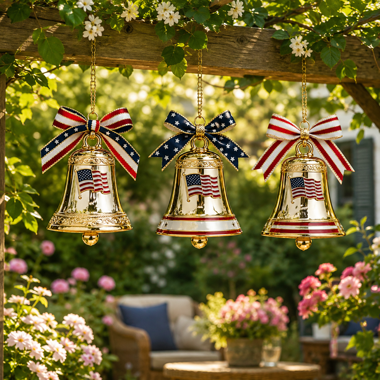 250th Anniversary American Wind Chimes Set – 3pcs Golden Hanging Bells with Patriotic Red, White & Blue Ribbon Bow – 2026 Outdoor & Holiday Decoration