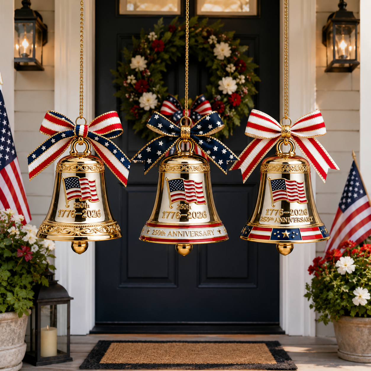 250th Anniversary American Wind Chimes Set – 3pcs Golden Hanging Bells with Patriotic Red, White & Blue Ribbon Bow – 2026 Outdoor & Holiday Decoration