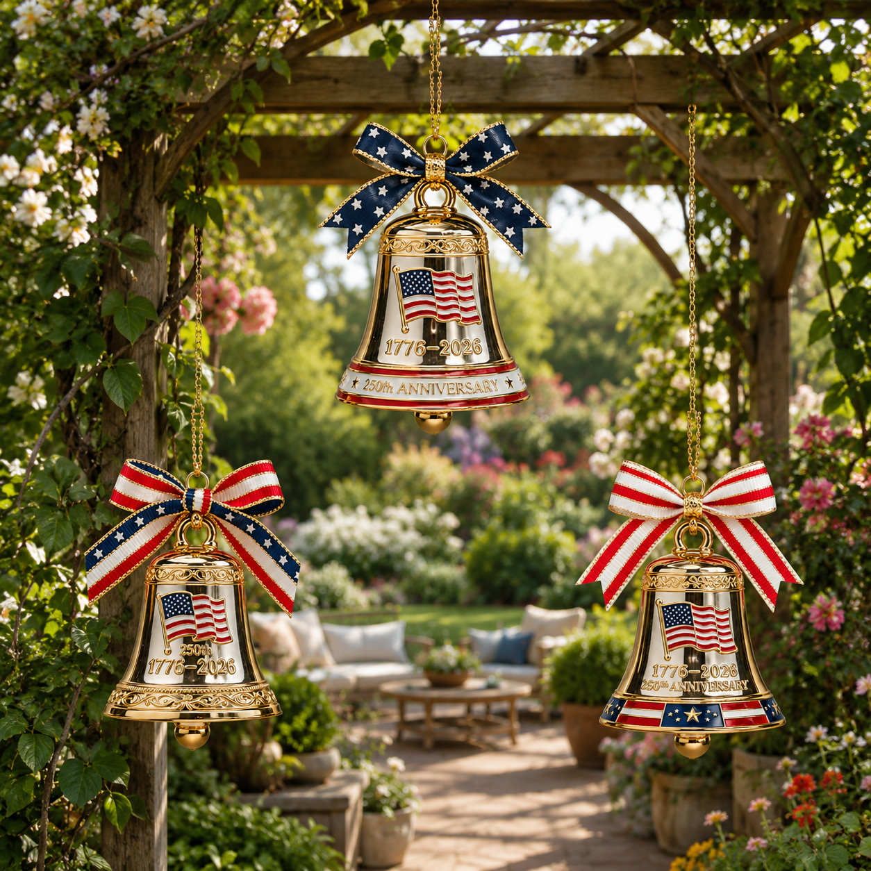 250th Anniversary American Wind Chimes Set – 3pcs Golden Hanging Bells with Patriotic Red, White & Blue Ribbon Bow – 2026 Outdoor & Holiday Decoration