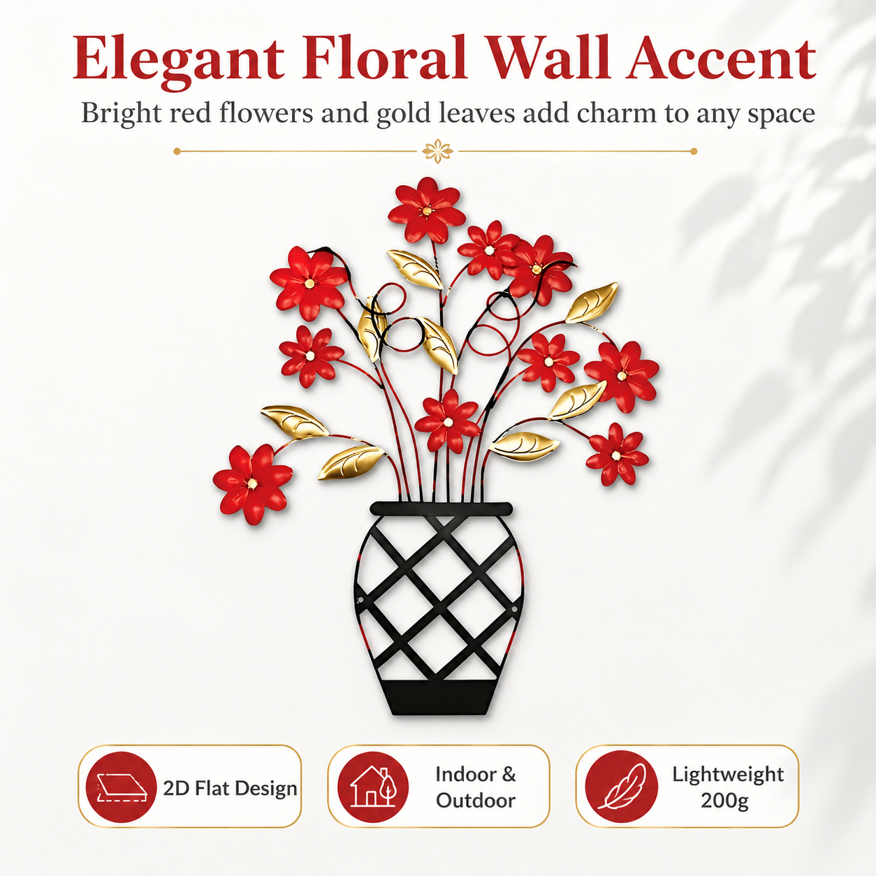 2D Flat Wall Art – Red & Gold Flower Panel with Black Vase, Modern Lattice & Picket Fence Wall Decor for Indoor & Outdoor