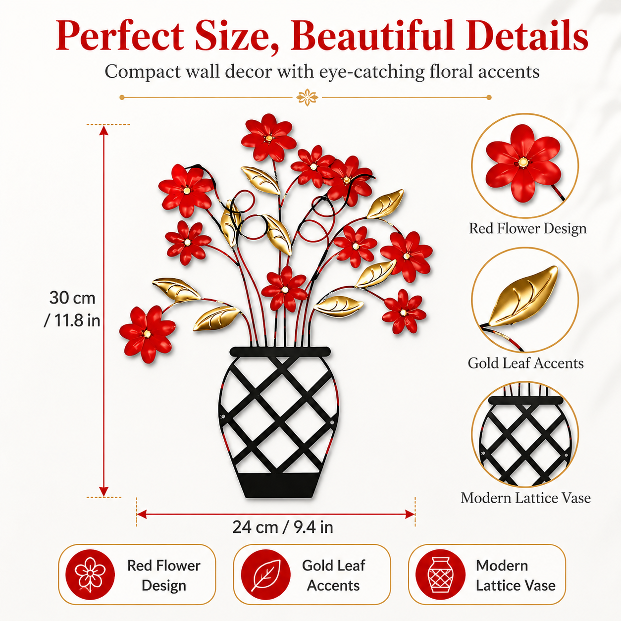 2D Flat Wall Art – Red & Gold Flower Panel with Black Vase, Modern Lattice & Picket Fence Wall Decor for Indoor & Outdoor