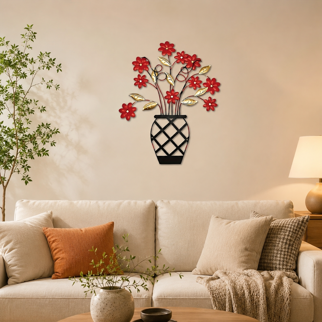 2D Flat Wall Art – Red & Gold Flower Panel with Black Vase, Modern Lattice & Picket Fence Wall Decor for Indoor & Outdoor