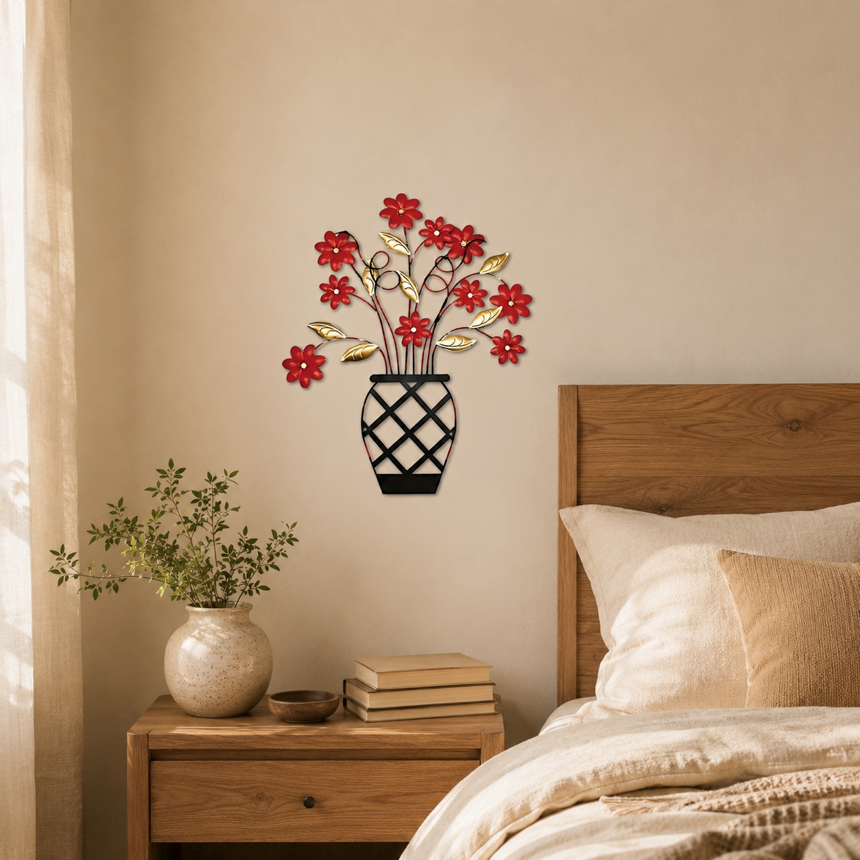 2D Flat Wall Art – Red & Gold Flower Panel with Black Vase, Modern Lattice & Picket Fence Wall Decor for Indoor & Outdoor