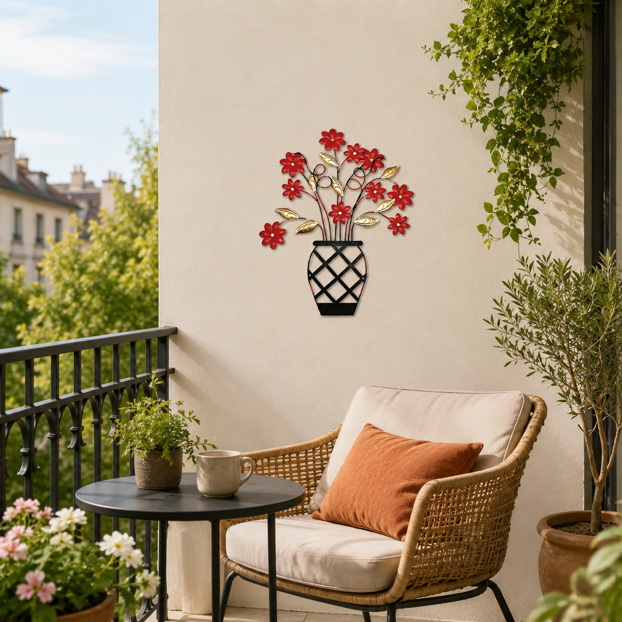 2D Flat Wall Art – Red & Gold Flower Panel with Black Vase, Modern Lattice & Picket Fence Wall Decor for Indoor & Outdoor