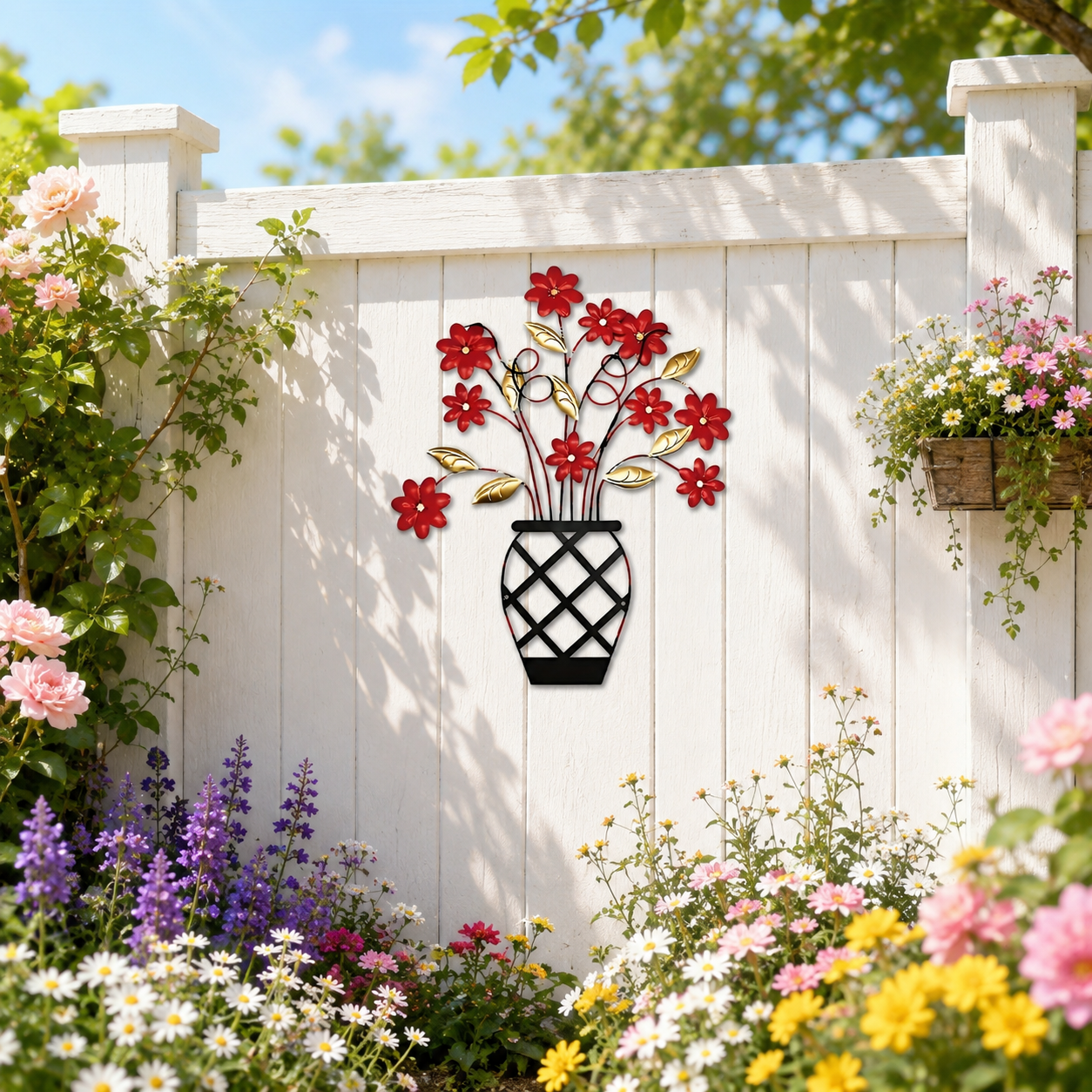 2D Flat Wall Art – Red & Gold Flower Panel with Black Vase, Modern Lattice & Picket Fence Wall Decor for Indoor & Outdoor