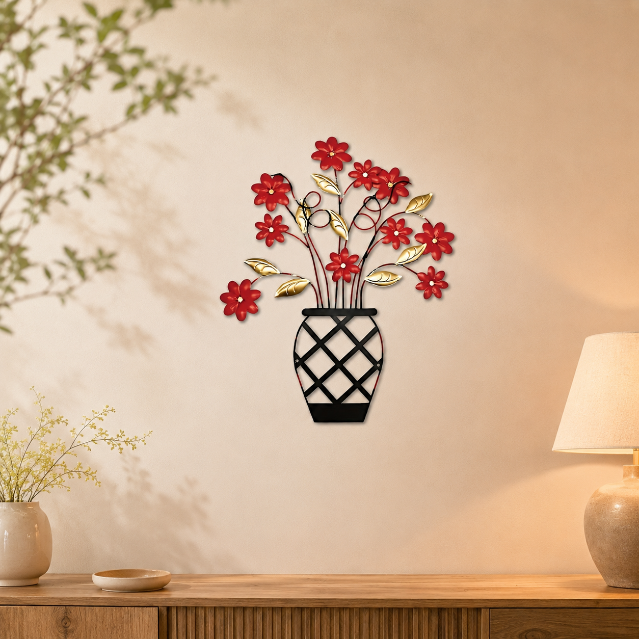 2D Flat Wall Art – Red & Gold Flower Panel with Black Vase, Modern Lattice & Picket Fence Wall Decor for Indoor & Outdoor