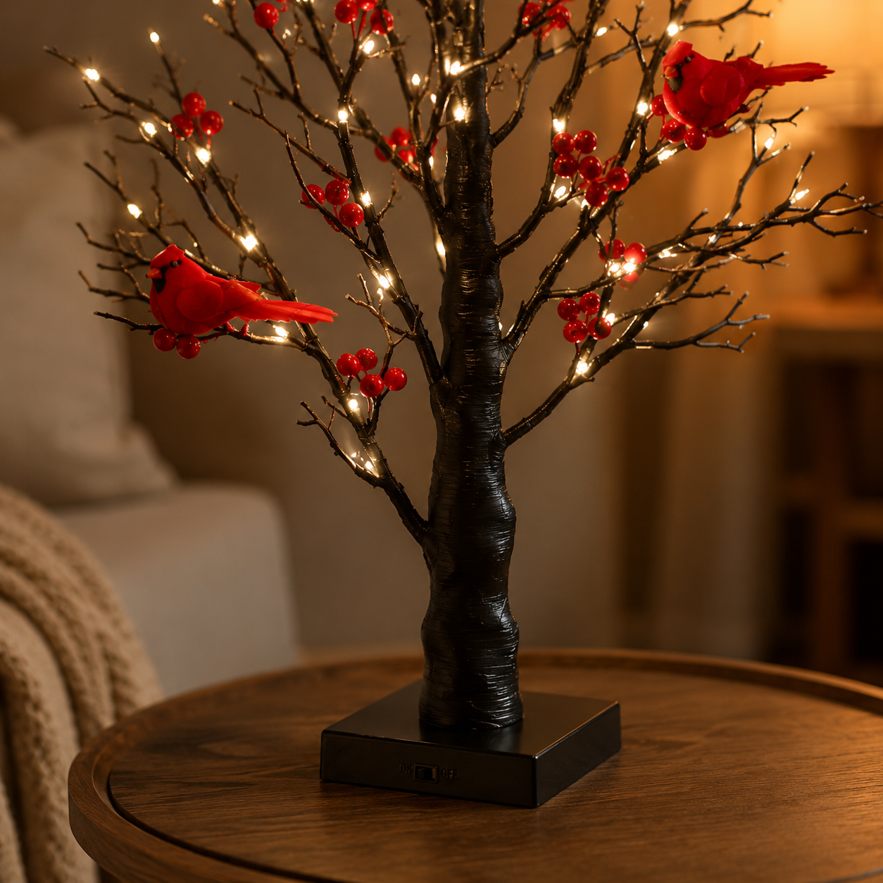 Lit Bonsai Tree with Red Birds & Black Artificial Birch Branches, Battery Operated Decorative LED Tabletop Tree for Home, Bedroom, Living Room, Holiday & Winter Decor