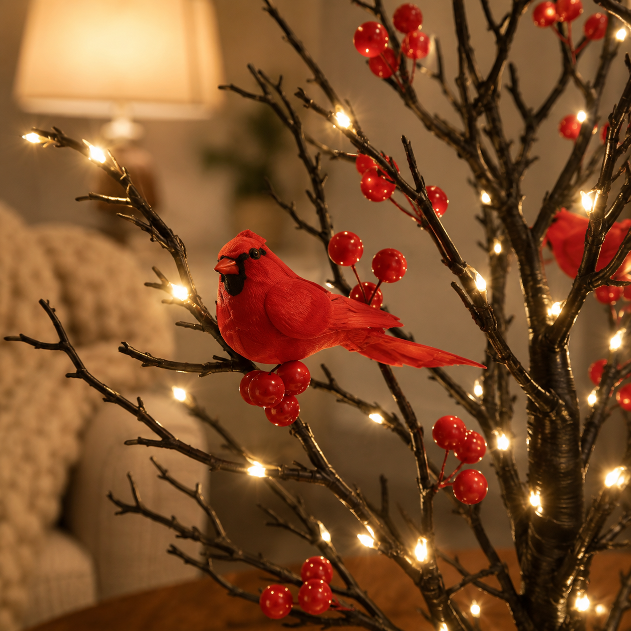 Lit Bonsai Tree with Red Birds & Black Artificial Birch Branches, Battery Operated Decorative LED Tabletop Tree for Home, Bedroom, Living Room, Holiday & Winter Decor