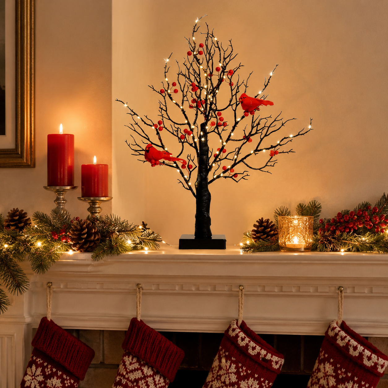 Lit Bonsai Tree with Red Birds & Black Artificial Birch Branches, Battery Operated Decorative LED Tabletop Tree for Home, Bedroom, Living Room, Holiday & Winter Decor