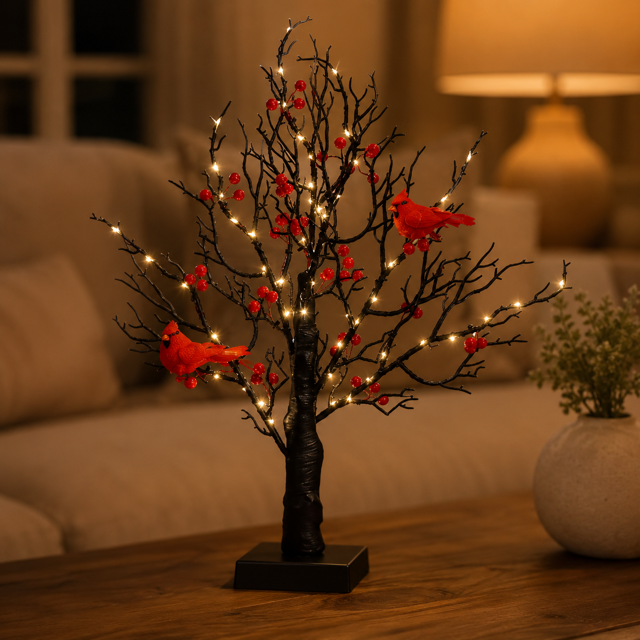 Lit Bonsai Tree with Red Birds & Black Artificial Birch Branches, Battery Operated Decorative LED Tabletop Tree for Home, Bedroom, Living Room, Holiday & Winter Decor