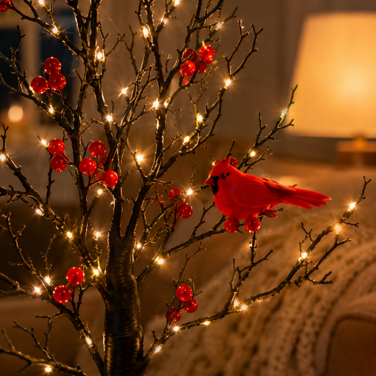 Lit Bonsai Tree with Red Birds & Black Artificial Birch Branches, Battery Operated Decorative LED Tabletop Tree for Home, Bedroom, Living Room, Holiday & Winter Decor