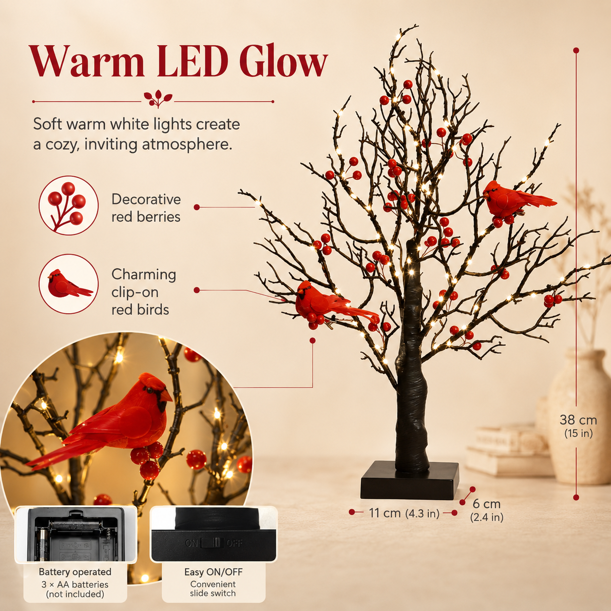 Lit Bonsai Tree with Red Birds & Black Artificial Birch Branches, Battery Operated Decorative LED Tabletop Tree for Home, Bedroom, Living Room, Holiday & Winter Decor