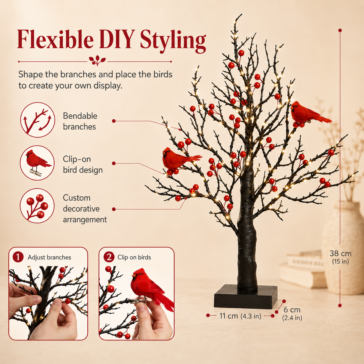 Lit Bonsai Tree with Red Birds & Black Artificial Birch Branches, Battery Operated Decorative LED Tabletop Tree for Home, Bedroom, Living Room, Holiday & Winter Decor