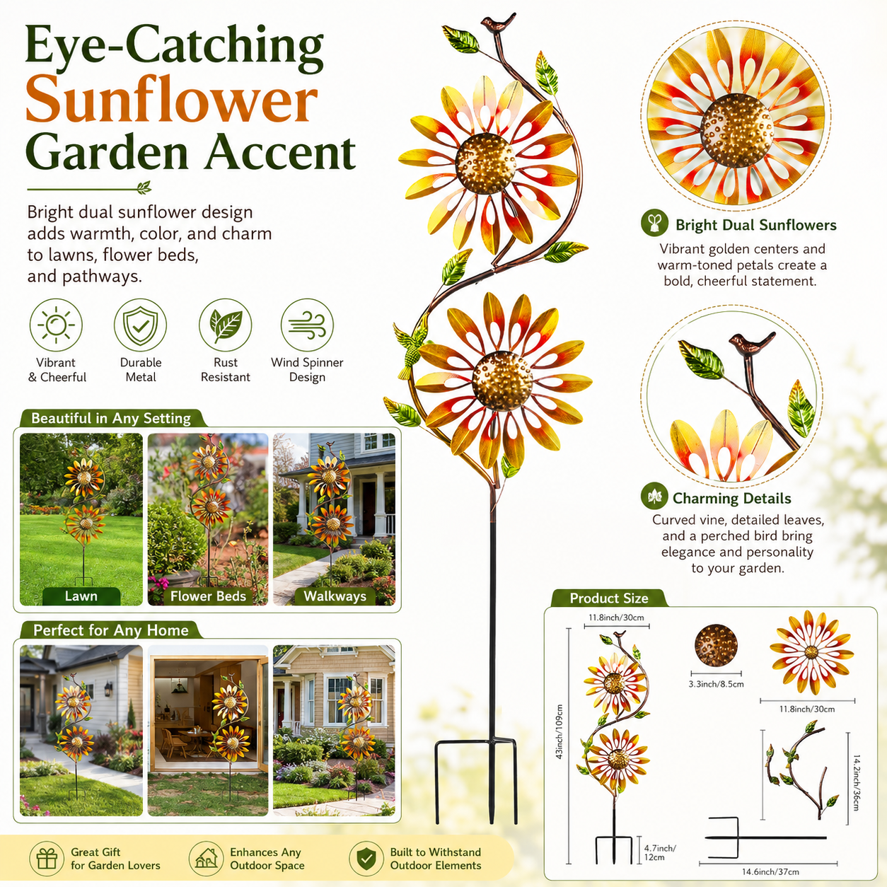 Sunflower Metal Garden Wind Spinner Stake