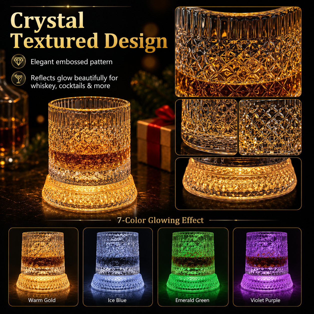 Glowing Rotating Whiskey Glass with Crystal Texture