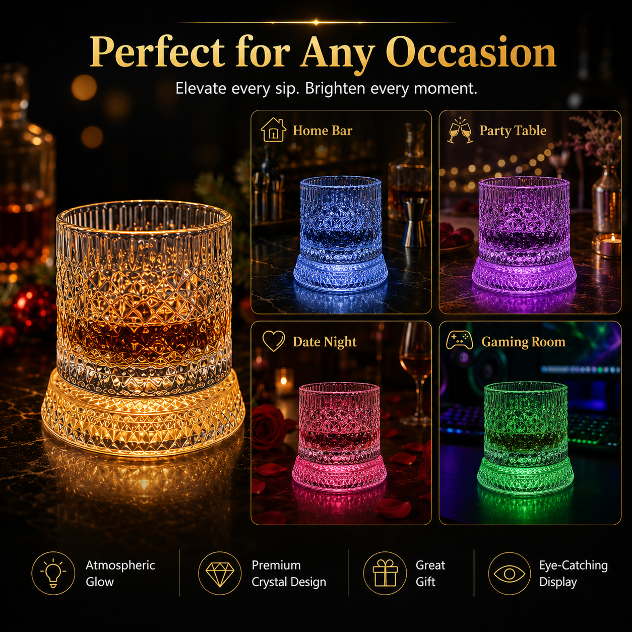 Glowing Rotating Whiskey Glass with Crystal Texture
