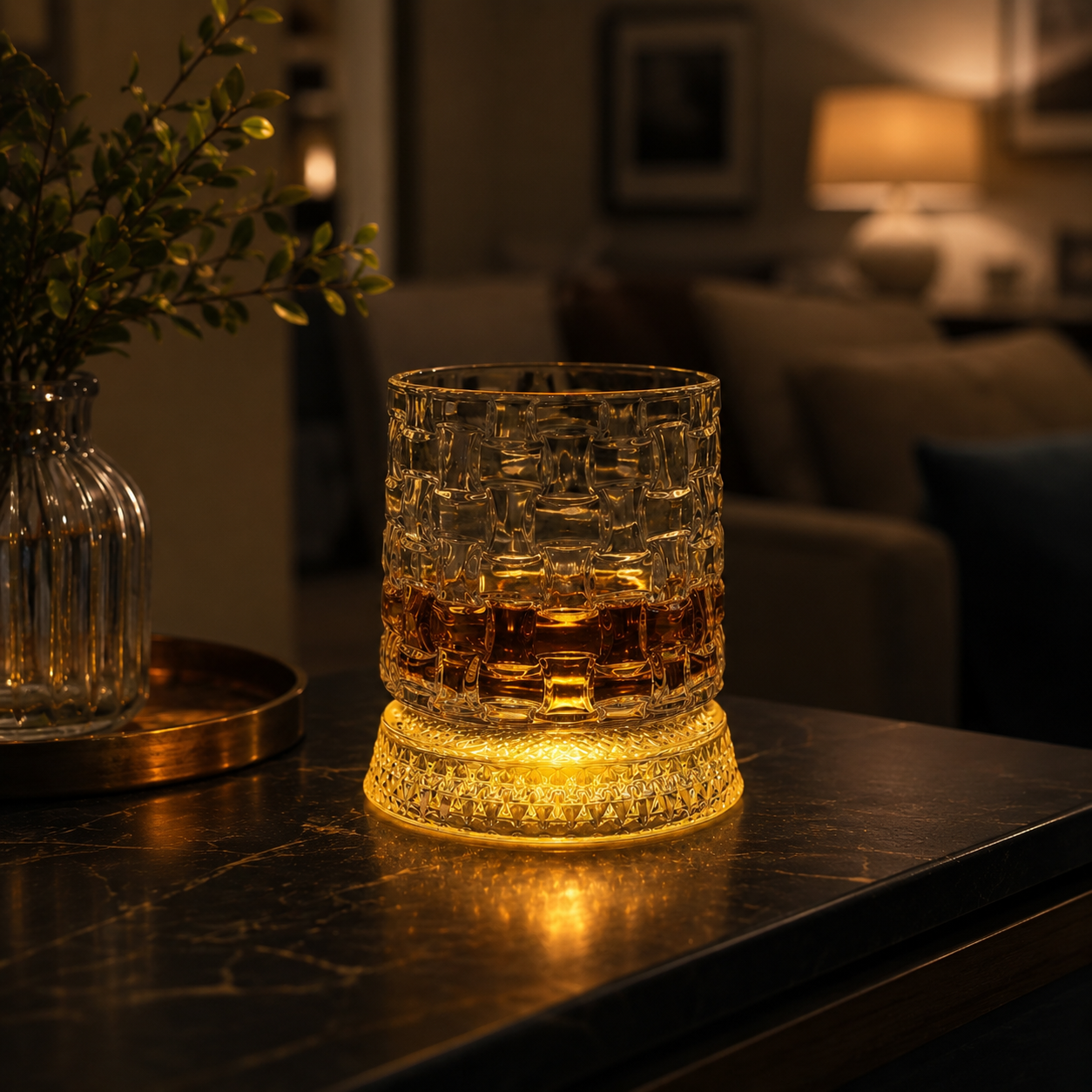 Glowing Rotating Whiskey Glass with Crystal Texture