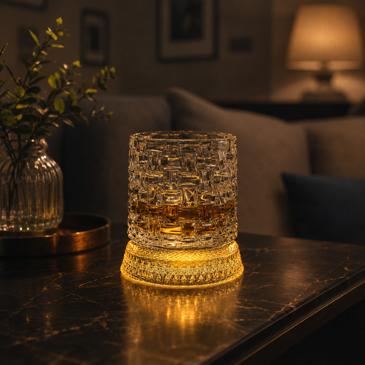 Glowing Rotating Whiskey Glass with Crystal Texture
