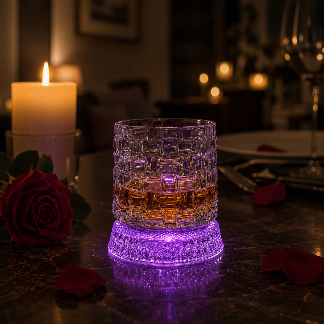 Glowing Rotating Whiskey Glass with Crystal Texture