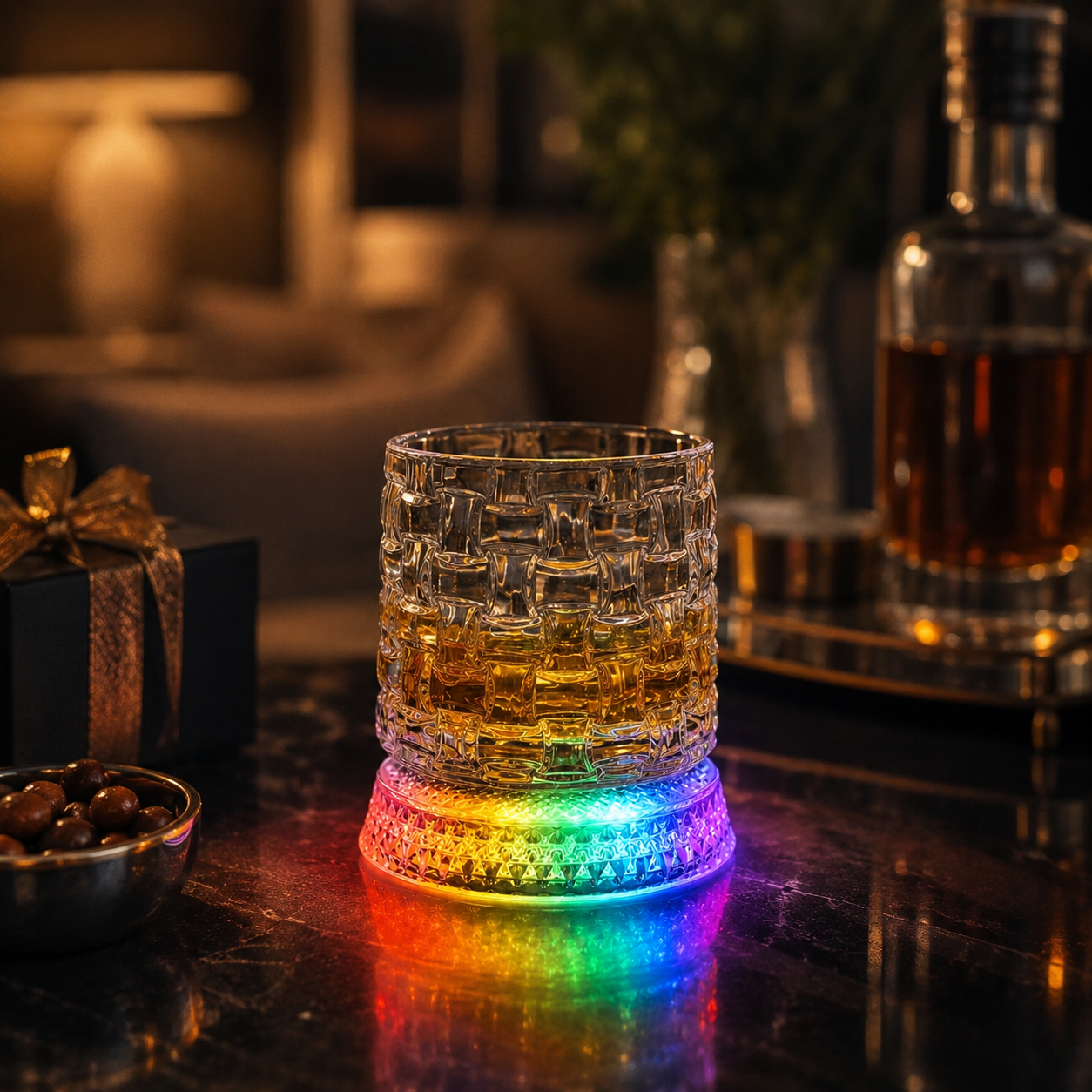 Glowing Rotating Whiskey Glass with Crystal Texture