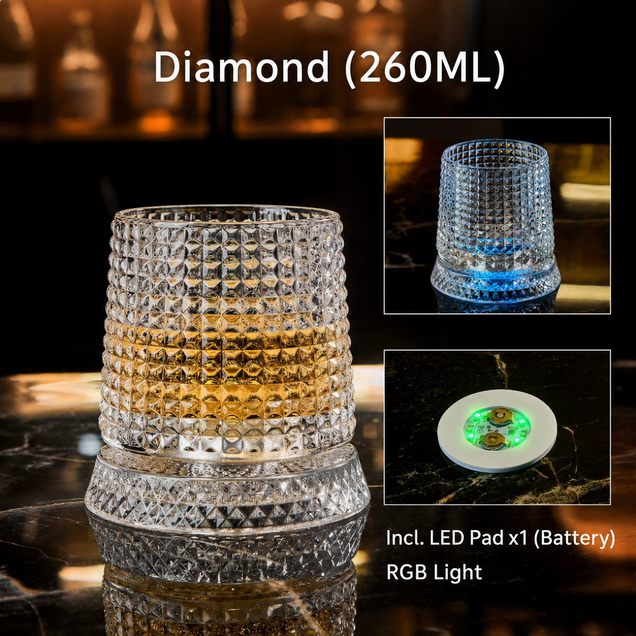 Glowing Rotating Whiskey Glass with Crystal Texture