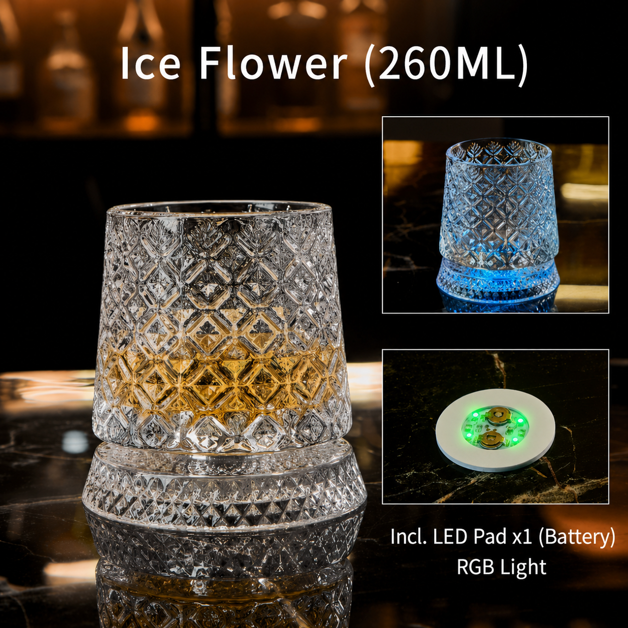Glowing Rotating Whiskey Glass with Crystal Texture