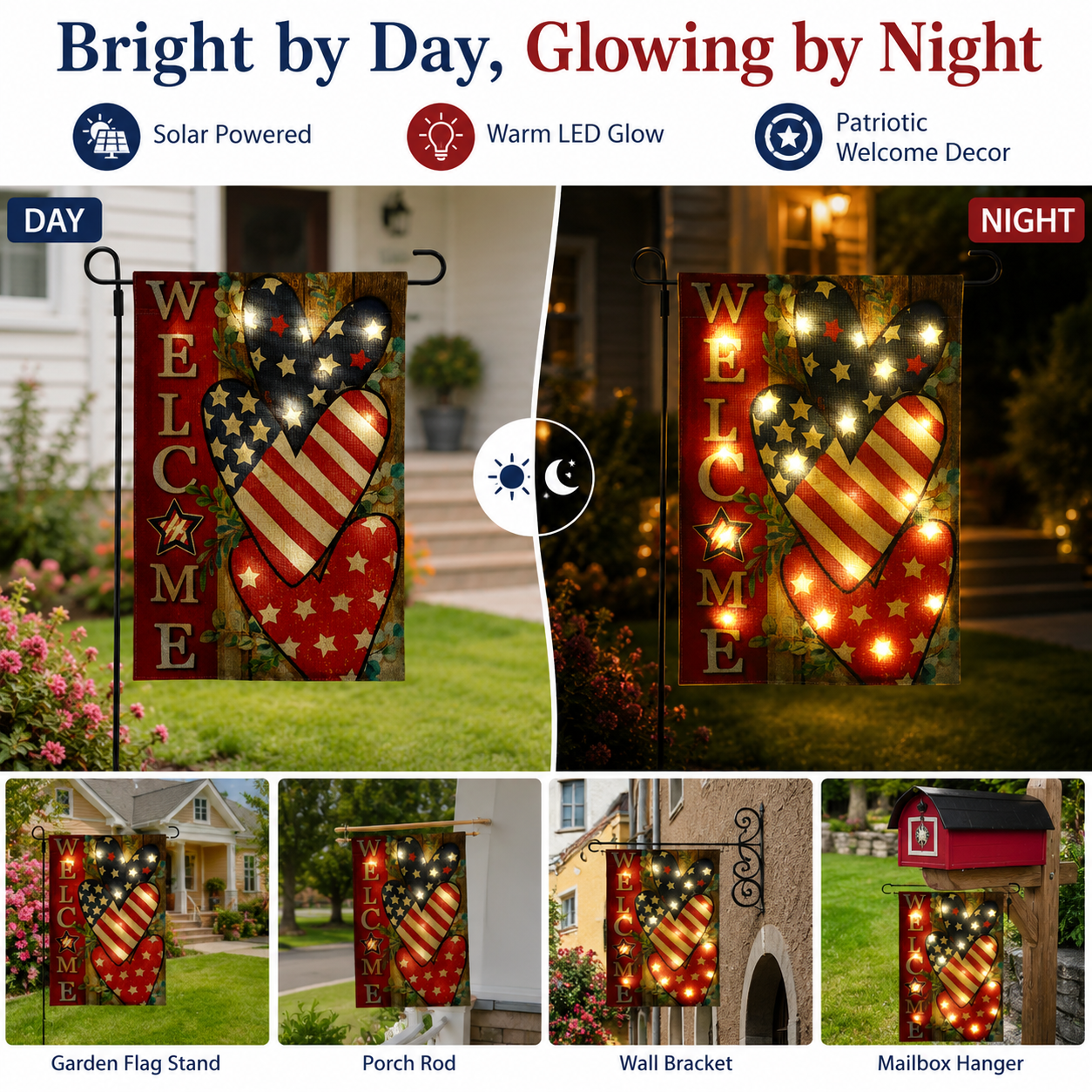 Solar Lighted Patriotic Welcome Garden Flag