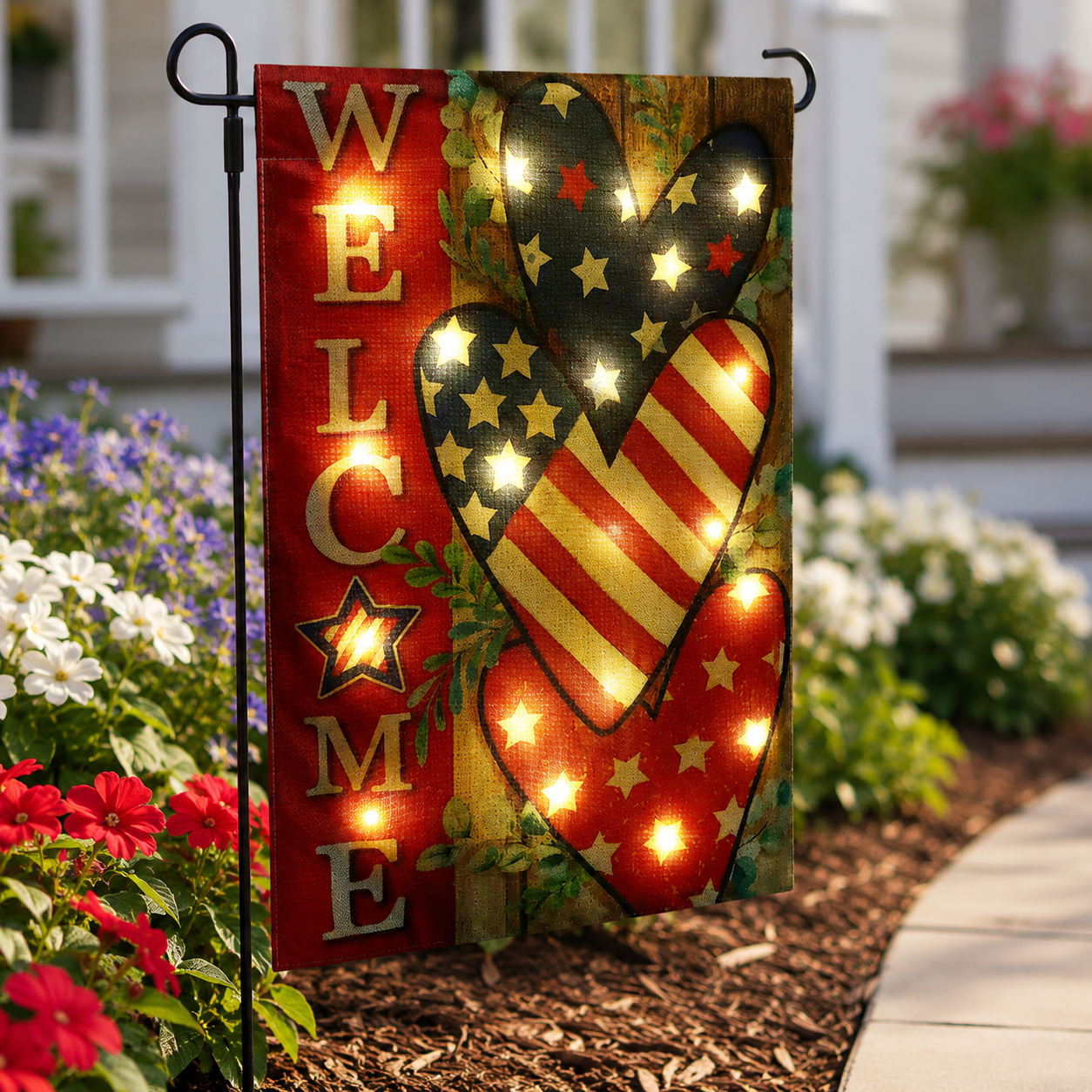Solar Lighted Patriotic Welcome Garden Flag