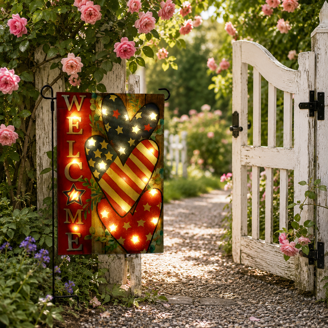 Solar Lighted Patriotic Welcome Garden Flag