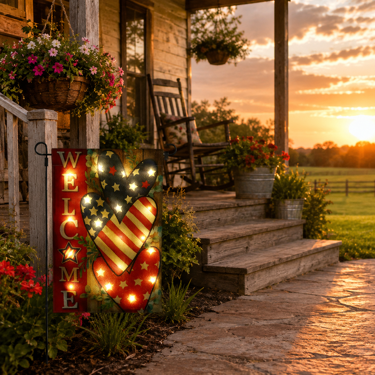 Solar Lighted Patriotic Welcome Garden Flag
