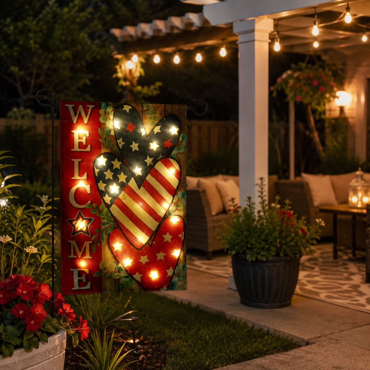 Solar Lighted Patriotic Welcome Garden Flag