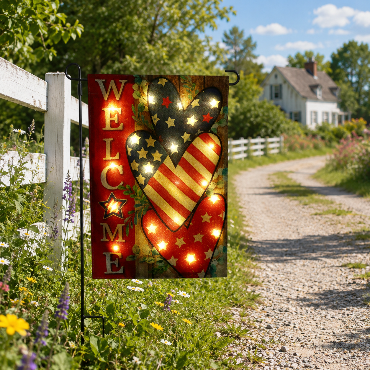 Solar Lighted Patriotic Welcome Garden Flag