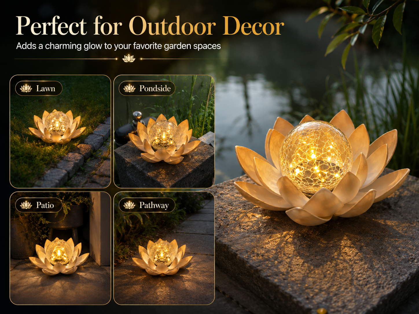 Solar Lotus Garden Light with Warm Crackle Glass Glow