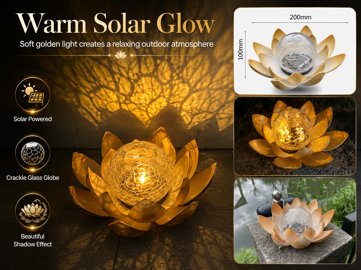 Solar Lotus Garden Light with Warm Crackle Glass Glow